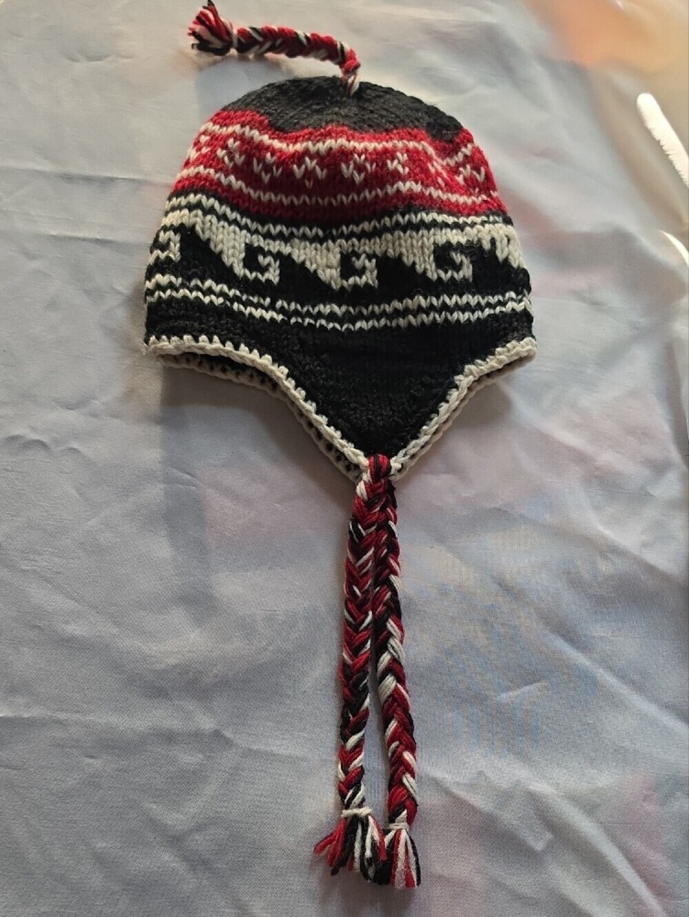 Handmade Nepal 100% Wool Fleece-Lined Earflap Hat Chullo Beanie Braided Tassels - Picture 5 of 9